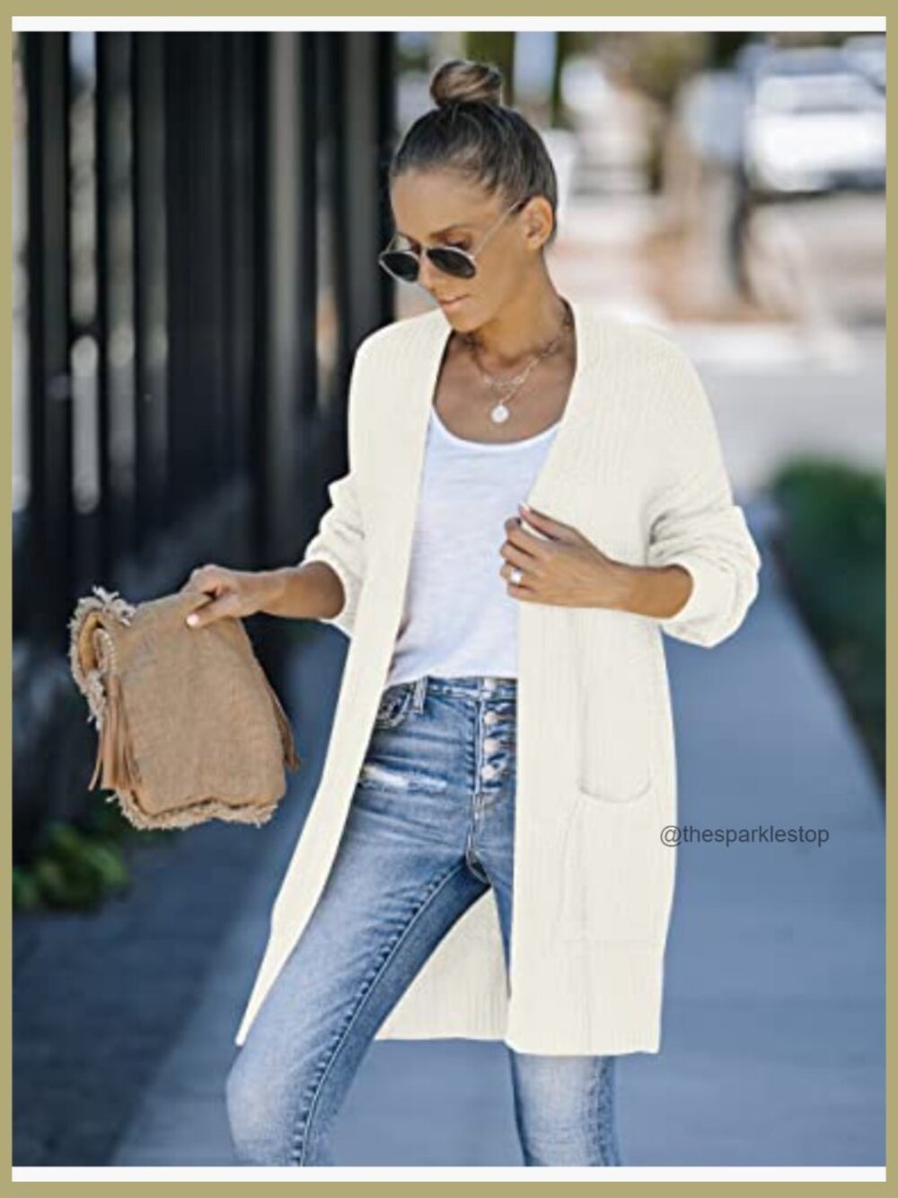 Oversized Open Front Chunky Knit Cardigan with Lantern Sleeves - Picture 3 of 7